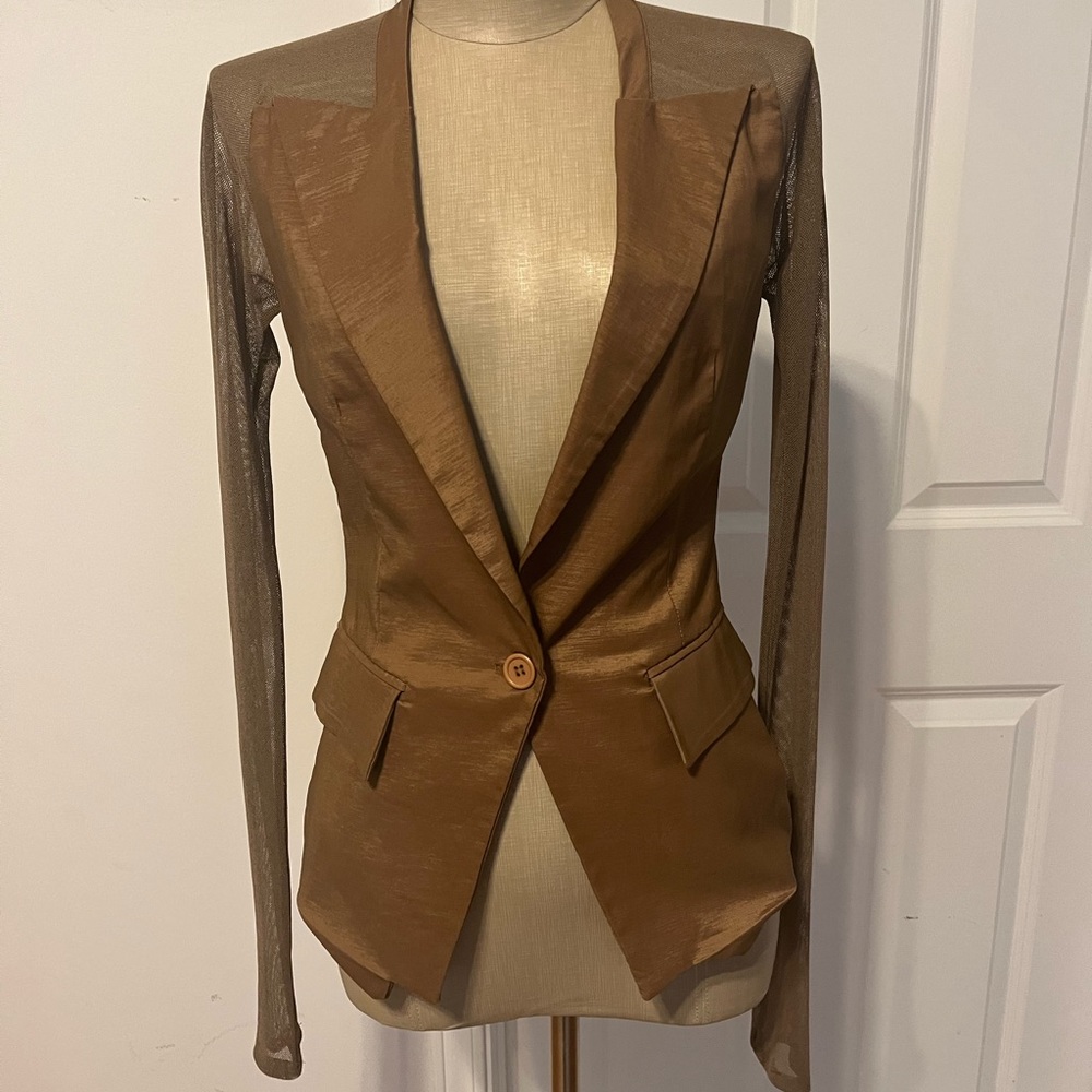 Size small, dressy fitted, stretchy blazer, light brown color